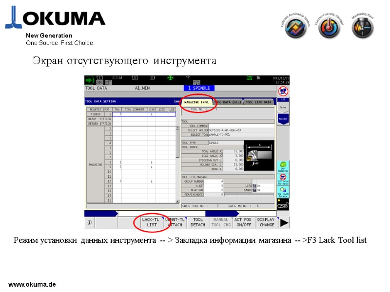 www.okuma.de New Generation One Source. First Choice. Экран отсутствующего инструмента Режим установки данных инструмента